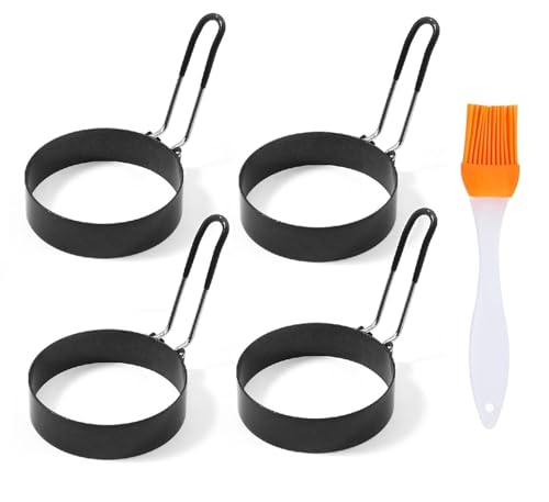 3.5" Egg Rings Set of 4 with Silicone Handle, Large Ring for Frying Eggs, Round Mold for English Muffins - Griddle Cooking Shaper for Indoor Camping Breakfast Sandwiches w/Silicone Oil Brush