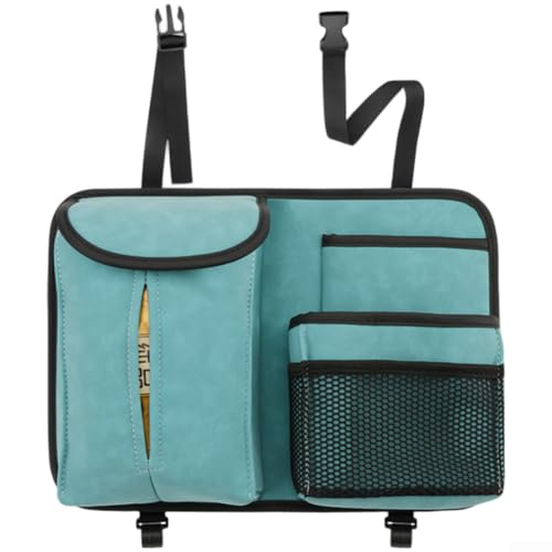 Organizador de cuero de ante para asiento de vehículo con soporte para pañuelos, malla para colgar y sistema de correa de hebilla para un uso eficiente del espacio (azul)
