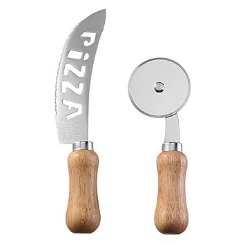 HARVA® Stainless Steel Pizza Cutter & Rocker Knife Set with Wooden Handle 2 Pcs Pizza Slicer Cheese Cutter Wheel Durable Kitchen Cutting Tool for Easy Slicing