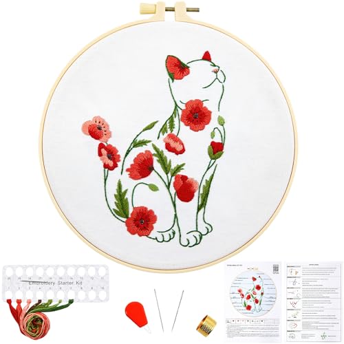 Crafmanoe Cat Embroidery Kits for Beginners Adults Flowers Embroidery Starter Kits Counted Cross Stitch Kits for Beginners Adults Hobbies Set for Women Embroidery Hoops Thread and Video Tutorial