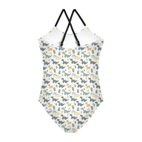 senya Girls Swimsuits One-Piece Swimwear Tie Bathing Suit Beach Summer Round Neck 5-6T Dinosaur Pattern2
