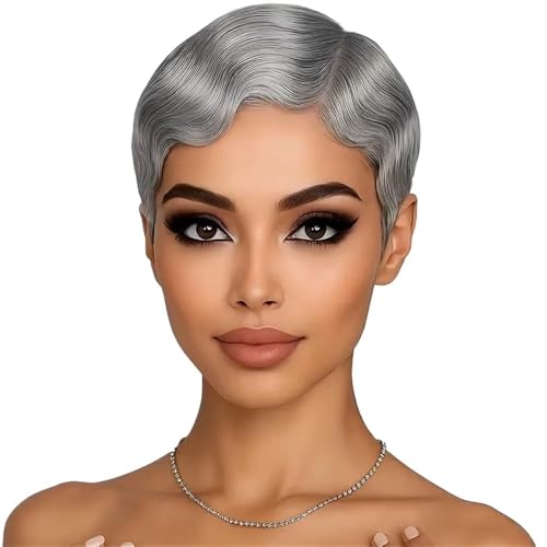 Perruque Pixie en couches cheveux naturels gris de 4 pouces sans colle