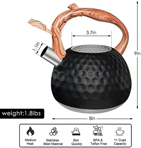 Beruyu Stove Top Whistling Kettle, Stainless Steel Teapot with Wood Grain Handle, for Gas Stove Induction Cooker, 3L (Black)
