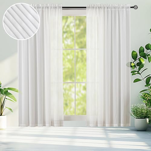Demetex Striped White Net Curtains 2 Panels for Windows With Rod Pocket - Sheer Voile for Bedroom Living Room Dining Room, 137 x 213 cm