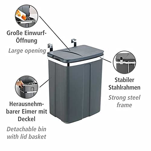 WENKO Tür-Abfalleimer, kompakter Mülleimer mit Deckel zum Einhängen an Küchenschrank oder -Schublade, geeignet für Badezimmer und Küche, aus Kunststoff/Stahl, Füllmenge 12 l, 26 x 34 x 17 cm, Grau