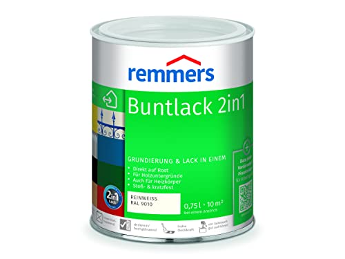 Remmers Buntlack 2in1 reinweiß (RAL 9010), 0,75 Liter, Buntlack für Holz, Eisen, Stahl, inkl. Grundierung und Rostschutz, innen und außen