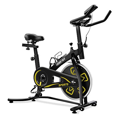 Merax Heimtrainer Fitness Bike,Spin Bike Studio-Fahrräder Trainingsgeräte Einstellbare Lenker & Sitz an Bord Computer liest Geschwindigkeit, Entfernung, Zeit, Kalorien + Puls (Schwarz Gelb)