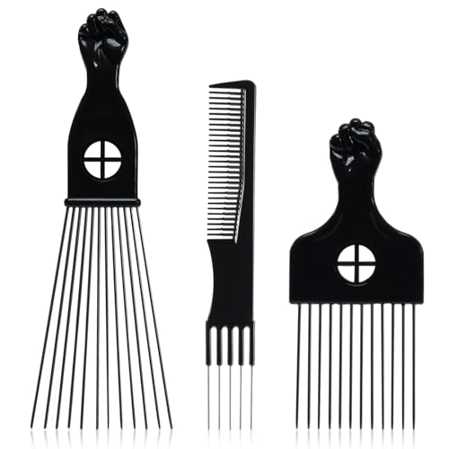 SIMPOR Afro Hair Pick for Men Hair Comb with Metal Pick for Afro Hair, Wide Tooth Comb for Hair Styling, Afro Pick for Women Styling Comb Styling Tool for Natural Curly Hair Beard, 3PCS