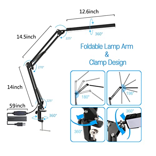 Tropicaltree Led Desk Lamp, Swing Arm Desk Light With Clamp, 3 Lighting 10 Brightness Eye-Caring Modes, Reading Desk Lamps For Home Office 360 Degree Spin With Usb Adapter & Memory Function Black-14W #TOP4