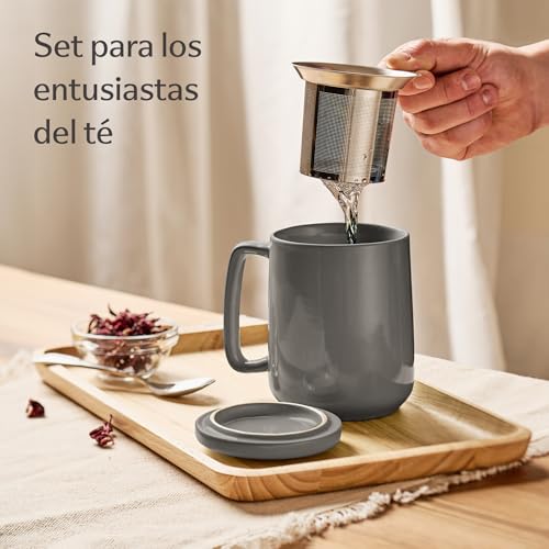 Miniatura 2 de Cosumy Taza De Te Con Filtro Y Tapa 500ml - Ceramica Antracita - Mantiene Caliente La Infusion - Apta Para Lavavajilla