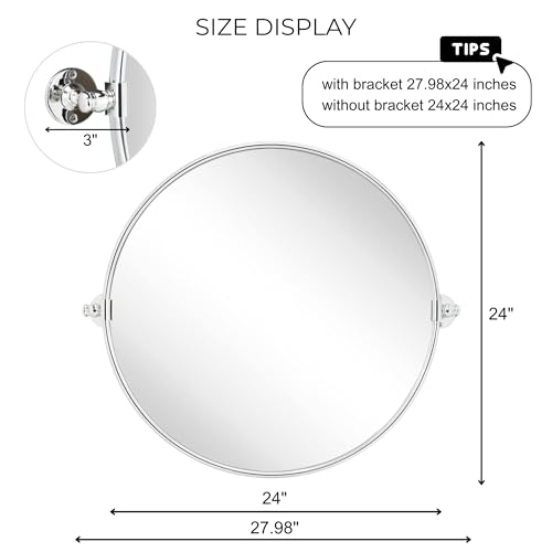 Image of Round Pivot Bathroom Mirror Chrome Circle Metal Framed Tilting Vanity Mirrors for Wall, Overall 27.98 x 24 inches (Mirrror 24 x 24 inches)