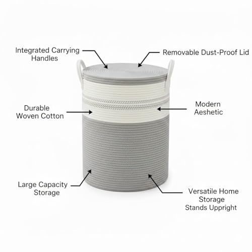 Image of Basket with Lid, 15 inch x 20 inch Woven Storage Basket for Blankets, Toys, Pillows, Towels, Living Room Bedroom Storage Bin, Round Rope Basket with Lid, Wicker Baskets for Organizing (BG3)