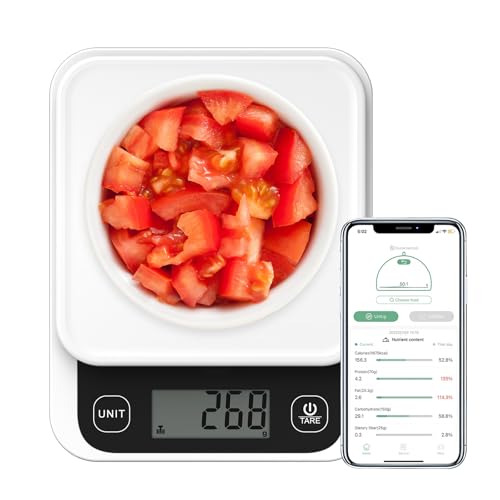 Fitdays Food Scale with Nutritional Calculator, Digital Kitchen Scales Calorie Counting for Weight Loss, Smart Food Weight Scale with App for Calorie Cooking, Grams, Ounces, 11lb/5kg (KP2048B-UK)