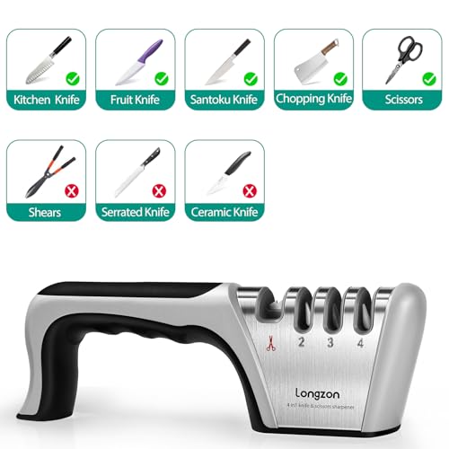 longzon Messerschärfer, 4 Stufen Manuelle Messerschleifer mit Anti-Schneidhandschuhe für...