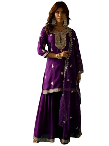 Kurta violet de travail pour femme ensemble complet trois pièces avec sharara et dupatta taille L