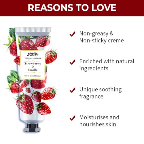 Image of Nykaa Naturals Strawberry & Vanilla Hand & Nail Creme, 30ml| With Avocado, Almond Oil, Jojoba Oil & Hyaluronic Acid| Moisturises & Nourishes Skin| Combats Dryness| Non-Greasy & Non-Sticky Formula