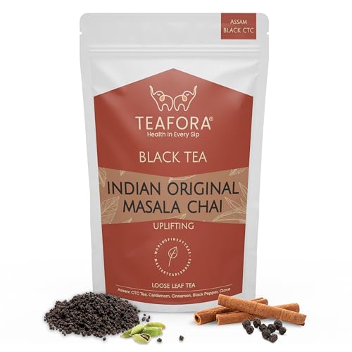 Image of TEAFORA Indian Original Masala Chai Tea | Assam CTC Loose Black Tea | Blended with Cinnamon, Cardamom, Black Pepper & Cloves | 100% NATURAL INGREDIENTS - 100g