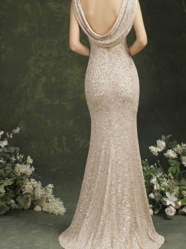 Image of Women's Sexy Apricot Sequin Thigh Split Long Backless Gown Cocktail Party Bridesmaid Bodycon Midi Dress