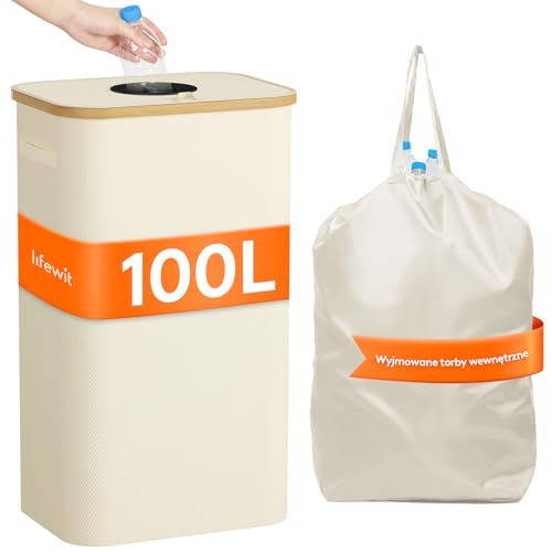 Lifewit Przenośny kosz na śmieci z recyklingu, szklany pojemnik na butelki z tworzywa sztucznego, duży bambusowy kosz na śmieci do Tris Selective, 100L, biały