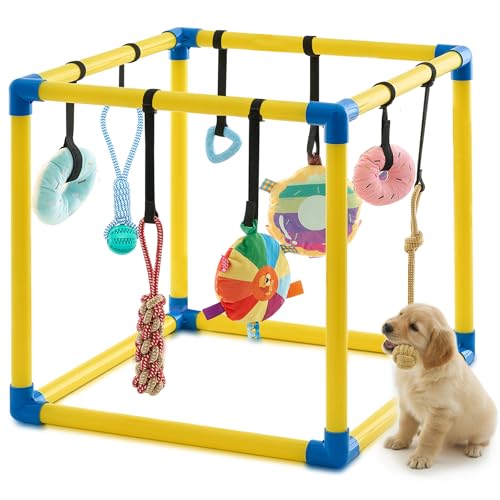 Soulchen Puppy Play Gym with 8 Hanging Toys, Small Dogs Enrichment Interactive Toys 19.7 Inch Pets Indoor Jungle Gym PVC Frame with Bungee Straps Enrichment Activity Center