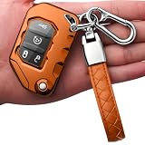 Autophone Compatible with Jeep Key Fob Cover with Leather Keychain Soft TPU Protection Key Case for 2018-2026 Wrangler JL JLU Rubicon Wagoneer Gladiator JT Sahara JLU Remote Key (Orange)