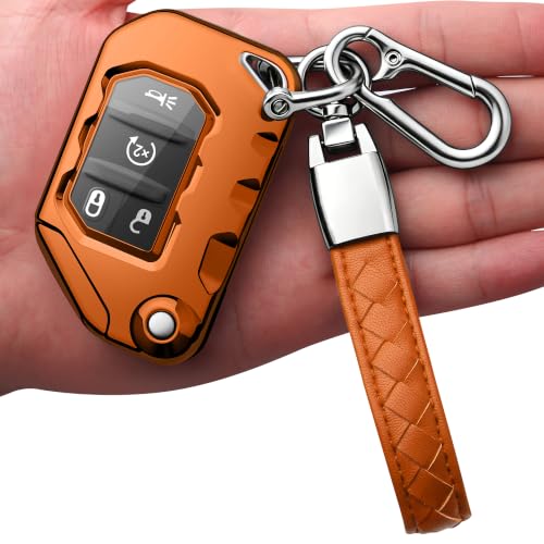 Image of Compatible with Jeep Key Fob Cover with Leather Keychain Soft TPU Protection Key Case for 2018-2026 Wrangler JL JLU Rubicon Wagoneer Gladiator JT Sahara JLU Remote Key (Orange)