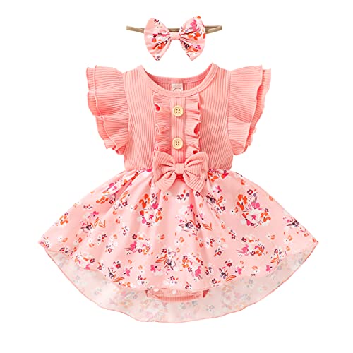 Newborn Infant Baby Girls Dress Floral Flutter Sleeve Dresses Ruffles Romper Skirts Summer Clothes Outfit Pink 0-3 M #TOP15