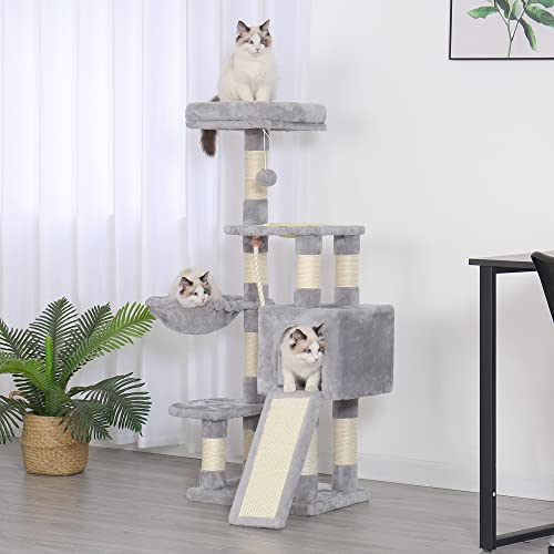 Image of Heybly Cat Tree, Cat Tower for Indoor Cats with Scratching Board, Multi-Level Cat Furniture Condo with Feeding Bowl Light Gray HCT010SW