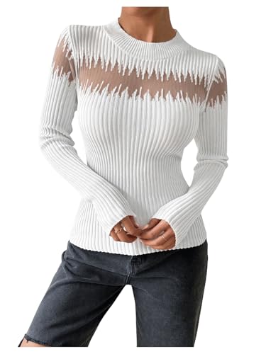 Image of MakeMeChic Women's Crew Neck Fitted Sweater Sheer Mesh Long Sleeve Knit Top