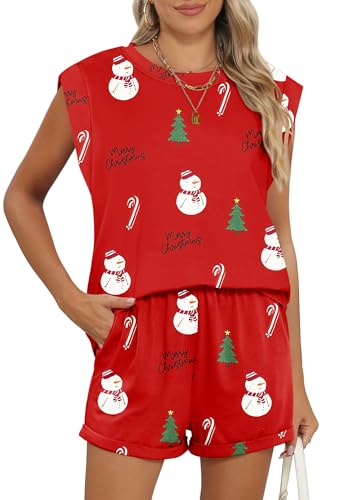 RUBZOOF Womens 2 Piece Cap Sleeve Short Sets Christmas Snowman Fashion Outfits Comfy Casual Lounge Set Festival Loose Loungewear M