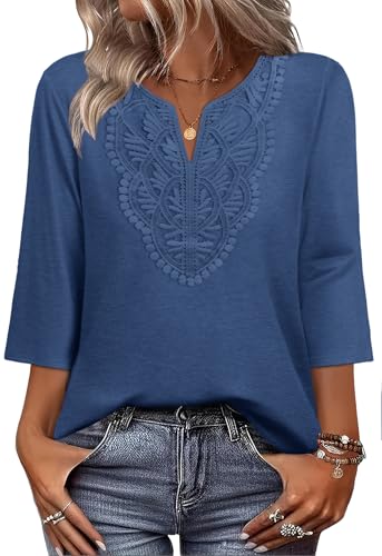Image of WIHOLL 3 /4 Length Sleeve Womens Tops Boho V Neck Lace Shirt Trendy Blouses Dressy Casual Vacation Clothes S-3XL