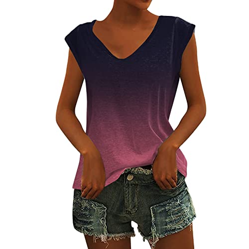 Camiseta de verano para mujer, manga corta, cuello en V, camiseta con estampado de girasol, informal, túnica, blusa, parte superior, Rosa caliente., XXL