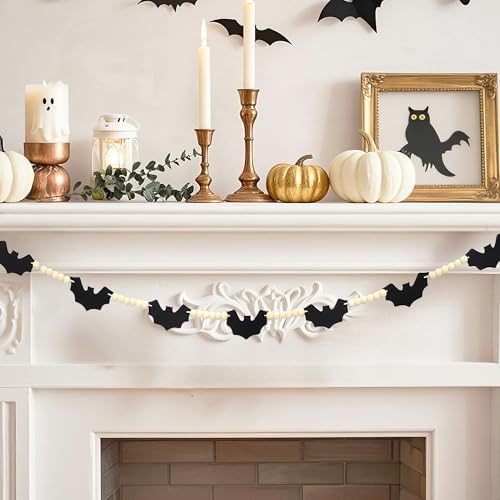 Halloween Decorations Indoor-Black Felt Bats Wood Beads Garland for Halloween Decors- Farmhouse Felt Banner for Fireplace Mantel Walls