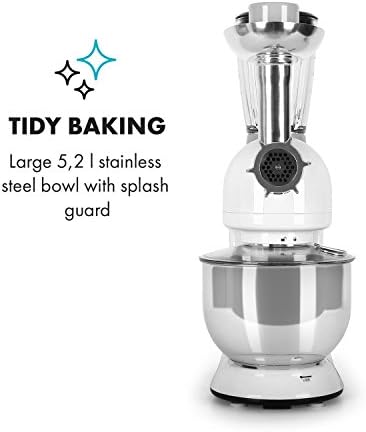 Klarstein Lucia Bianca Food Processor - Stand Mixer, Blender, 1200W, 5 litres, Meat Mincing & Mixing Glass Attachment, 6-Stage Speed, Die-Cast Mixing Hook, Easy to Clean, White