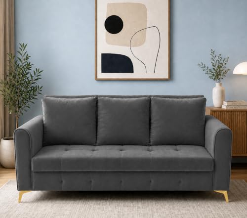 Image of Adorn India Premium Mystic - 3 Years Warranty - 3 Seater Sofa Cum Bed Velvet Suede Fabric - Dark Grey