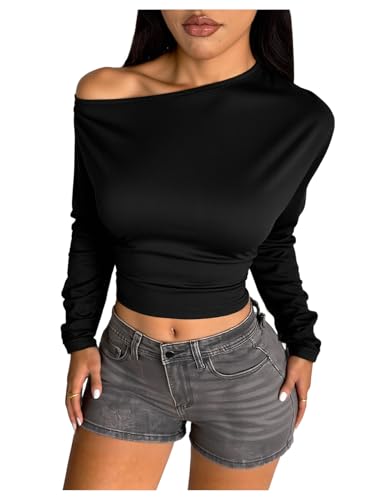 Milumia Womens Y2k Off The Shoulder Crop Top Asymmetrical Long Sleeve Going Out Tee Tops Streetwear Black Medium