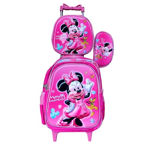 Kit Mochila Infantil com Rodinhas Minie em 3D + Lancheira Térmica + Estojo Escolar Alto Relevo