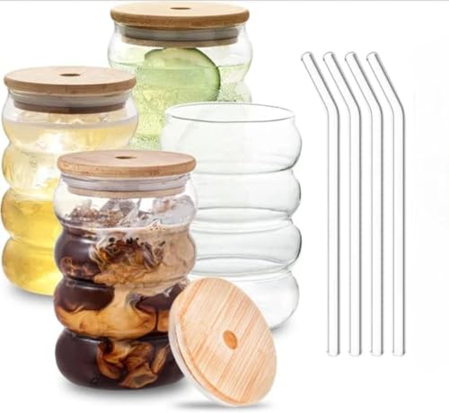 Image of SYANKA Premium Bubble Glass Sipper Can Set of 4, 510 ML, Transparent, Mason Jar Cup with Lid and Straw, Drinking Glasses for Smoothies, Iced Coffee, Boba Tea, Cocktails, Beer, Juice & Milkshakes
