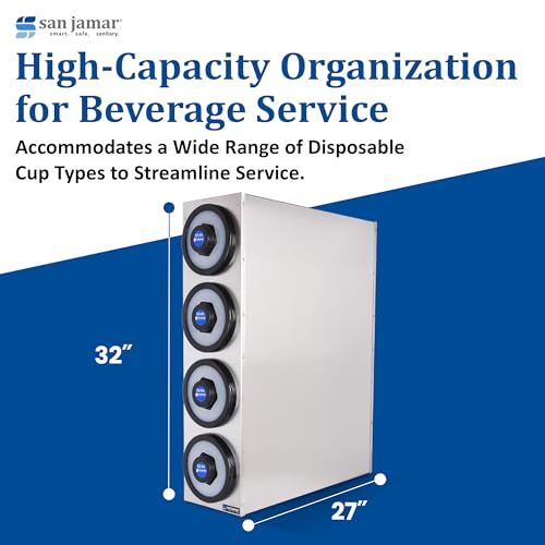 Image of San Jamar Ez-Fit Cup Dispenser Cabinet with 4 Tiers for Restaurants, Dining Halls, and Fast Food, Stainless Steel, 33.25 x 10.75 x 27 Inches, Silver