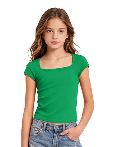 Image of Crop Tops for Girls Short Sleeve Shirt Girls Summer Tops Square Neck Slim Fit Tops Basic Tee