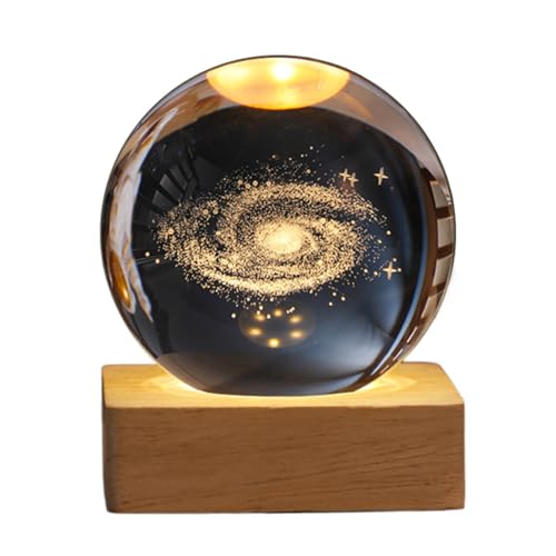 Demiawaking USB 3D Kristallkugel mit Holzsockel 3D Sonnensystem mit LED, Tischdeko Planet Lampe Nachtlicht, Geburtstag Kinder Geschenke, Party Deko (Milchstraße mit Quadrat Holzsockel)