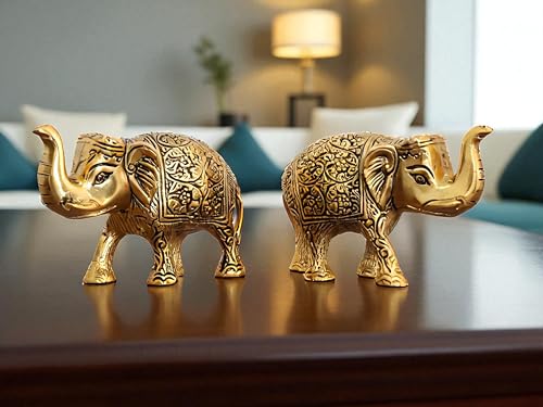 Image of KridayKraft Handcrafted Intricately Detailed Gold-Plated Metal Elephant Showpiece Vastu- Symbol of Prosperity,Friendly Decor for Living Room for Home & Office Decor