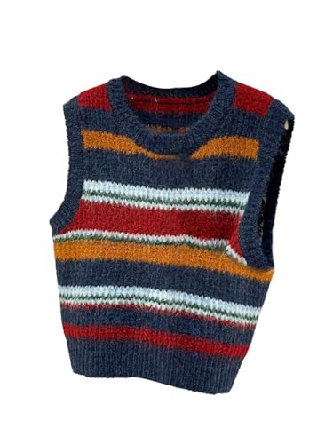 MakeMeChic Women's Striped Sweater Vest Crew Neck Sleeveless Preppy Pullover Tops Multicolor Medium