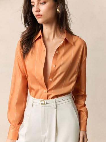 Image of Aahwan Orange Solid Button Up Drop Shoulder Striped Print Casual Formal Long Sleeve Shirt for Women's & Girl's