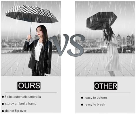체크 무늬 자동 컴팩트 우산 방풍 방수 우산, 비와 태양용, 자외선 차단 접이식 여행용 우산 — 사진 5