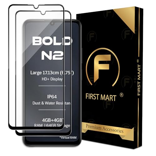 Image of FIRST MART Tempered Glass Screen Protector for Lava Bold N2 - Full-Glue Screen Guard, 3D Edge to Edge, HD Clear, Bubble-Free, Case-Friendly, Black, Pack of 2