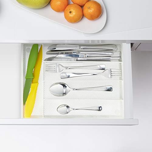 Relaxdays Metal Cutlery Tray, 5 Compartments, Mesh Design, 5.5 x 23.5 x 32 cm, Kitchen Drawer Insert, Organiser, White