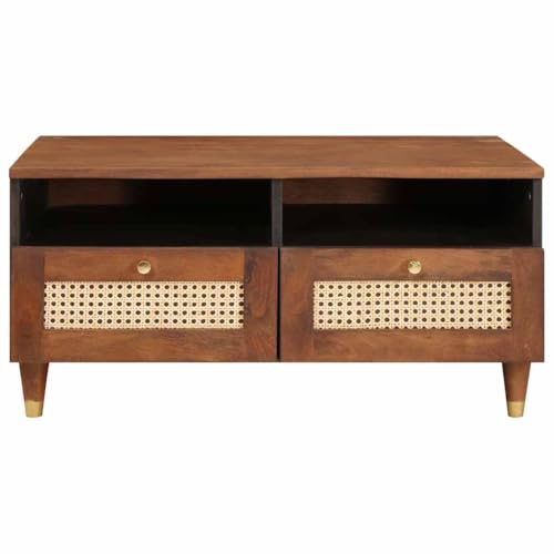 Table basse en manguier massif 80x54cm avec tiroirs et étagères pour salon