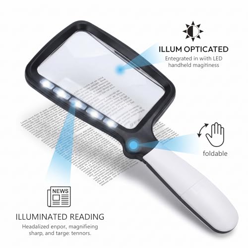 Image of 2X Rectangular Handheld Reading Magnifying Glass with Light, Folding Handle, 5 LED Lighted Magnifying Glass for Reading,Seniors, Low Vision, Macular Degeneration, Hobbyists (Black and White)