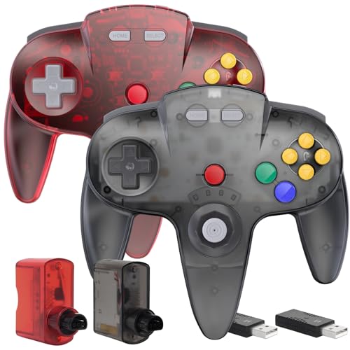 Image of 2 Pack Wireless N64 Controller Made for Switch 1 & 2, N64 Console, Wireless 2.4 GHz Receivers Compatible with Switch Online, Windows PC, macOS (Built-in Vibration) (Rechargeable) Gunmetal Grey /Red